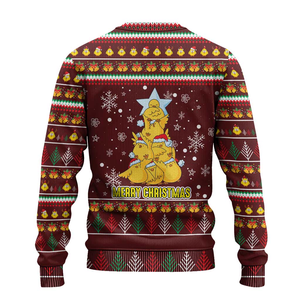 Merry Chickmas Christmas Ugly Christmas Sweater with Yellow Chickens Tree Design and Snowflake Pattern - Wonder Print Shop