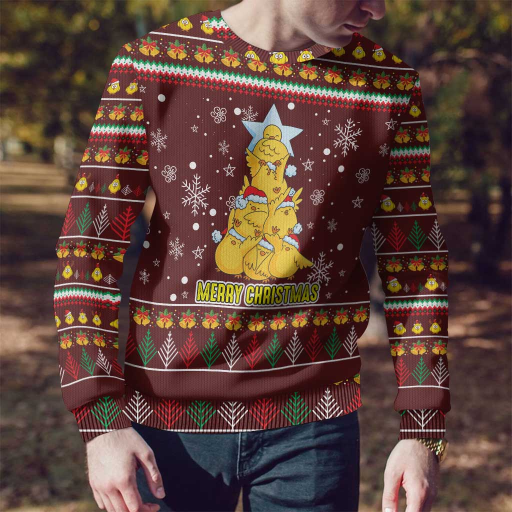 Merry Chickmas Christmas Ugly Christmas Sweater with Yellow Chickens Tree Design and Snowflake Pattern - Wonder Print Shop