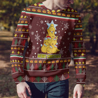 Merry Chickmas Christmas Ugly Christmas Sweater with Yellow Chickens Tree Design and Snowflake Pattern - Wonder Print Shop