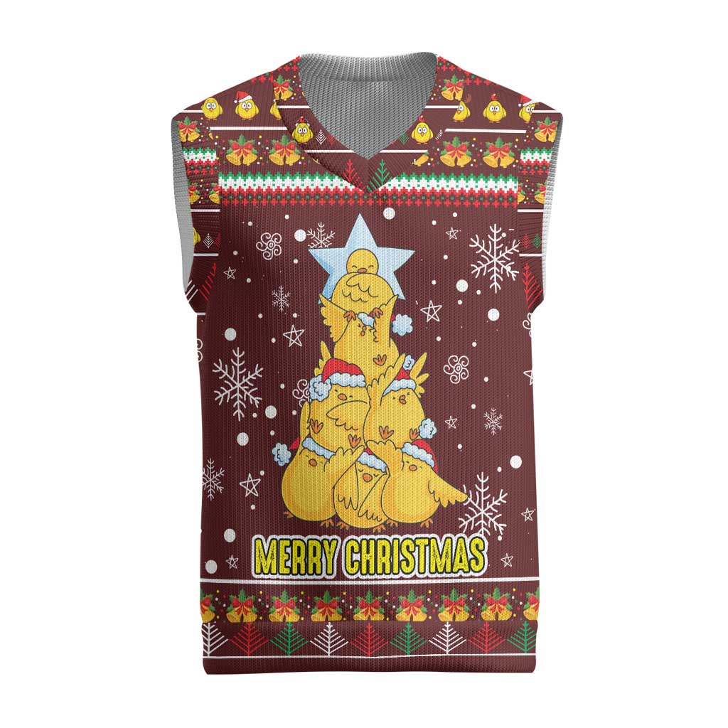 Merry Chickmas Christmas Knitted V-Neck Vest with Yellow Chickens Tree Design and Snowflake Pattern - Wonder Print Shop