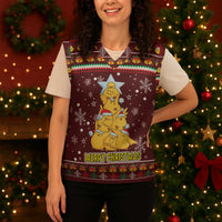 Merry Chickmas Christmas Knitted V-Neck Vest with Yellow Chickens Tree Design and Snowflake Pattern - Wonder Print Shop