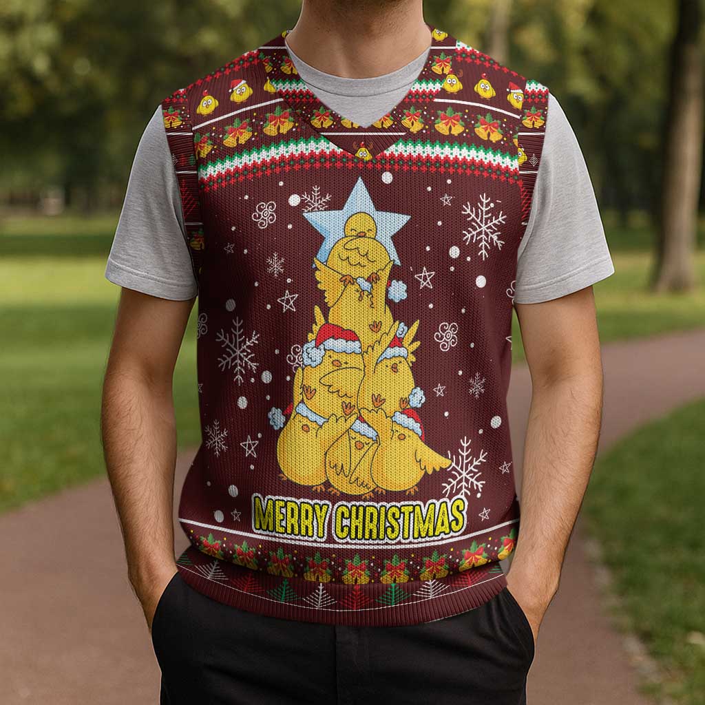 Merry Chickmas Christmas Knitted V-Neck Vest with Yellow Chickens Tree Design and Snowflake Pattern - Wonder Print Shop