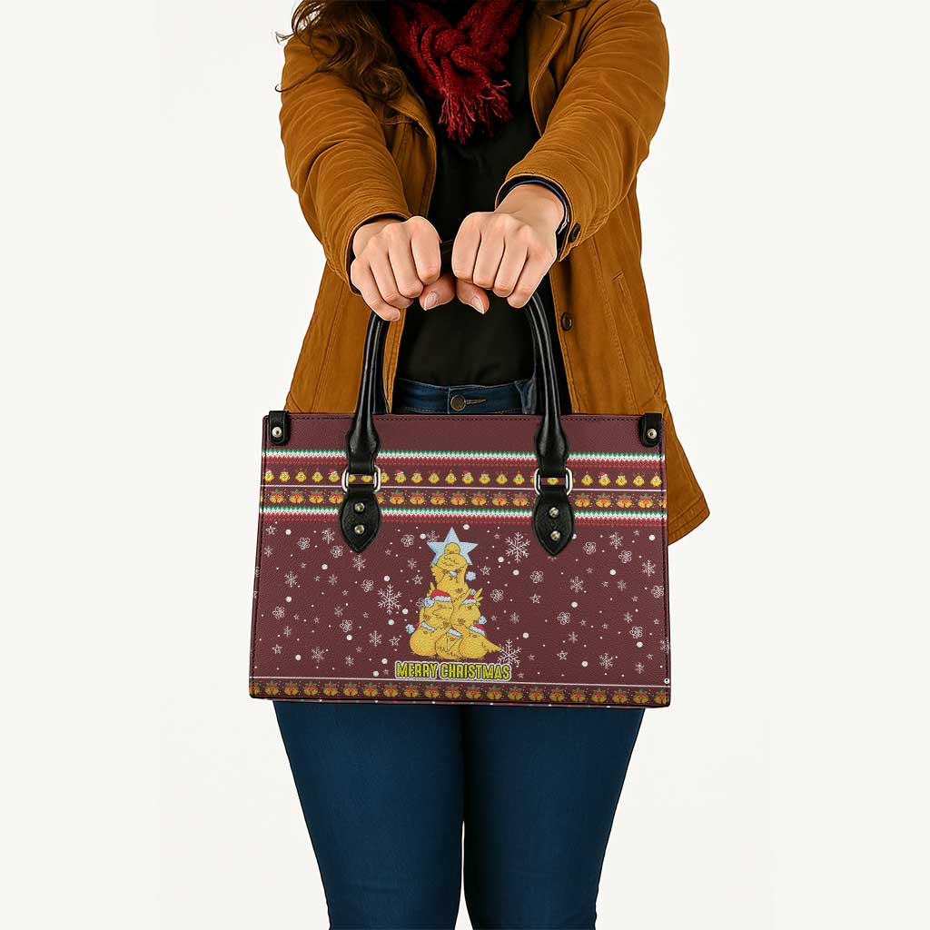 Merry Chickmas Christmas Leather Bag with Yellow Chickens Tree Design and Snowflake Pattern - Wonder Print Shop