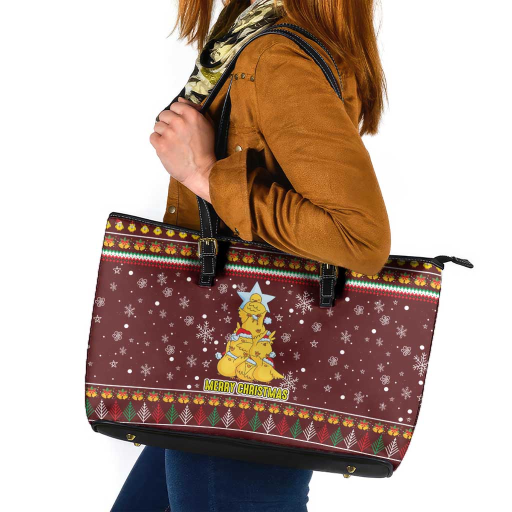 Merry Chickmas Christmas Leather Tote Bag with Yellow Chickens Tree Design and Snowflake Pattern - Wonder Print Shop
