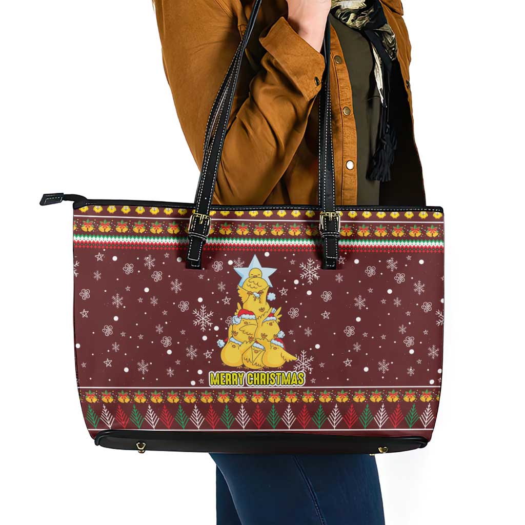 Merry Chickmas Christmas Leather Tote Bag with Yellow Chickens Tree Design and Snowflake Pattern - Wonder Print Shop