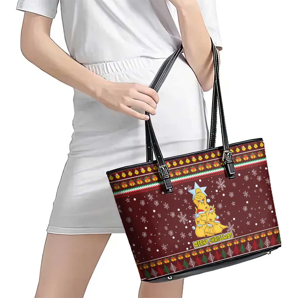 Merry Chickmas Christmas Leather Tote Bag with Yellow Chickens Tree Design and Snowflake Pattern - Wonder Print Shop