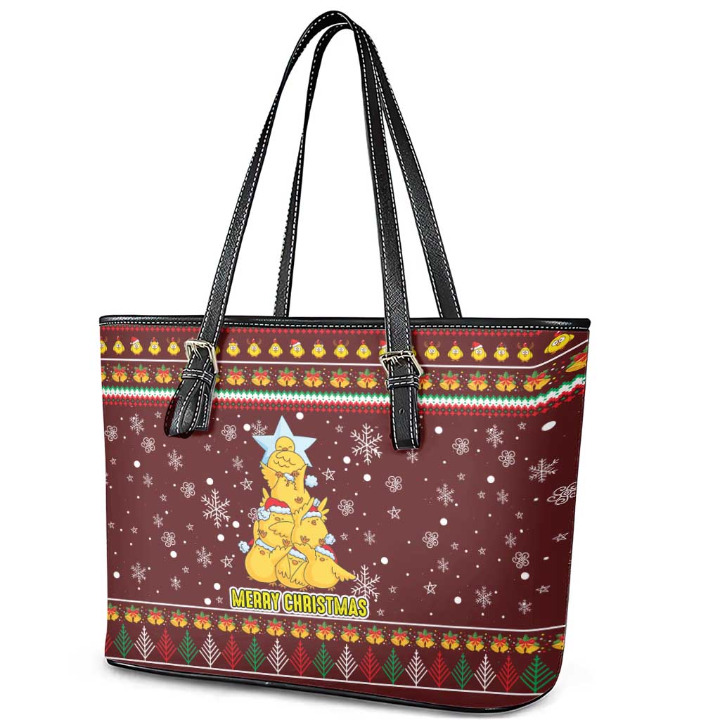 Merry Chickmas Christmas Leather Tote Bag with Yellow Chickens Tree Design and Snowflake Pattern - Wonder Print Shop