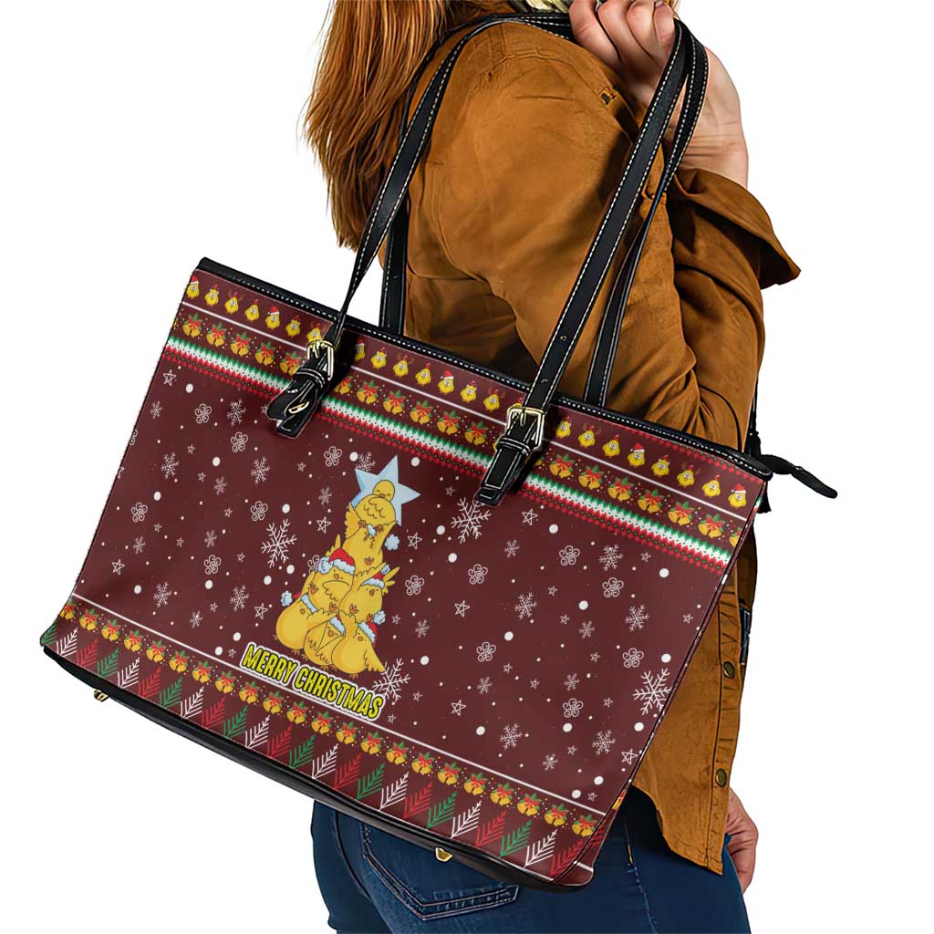 Merry Chickmas Christmas Leather Tote Bag with Yellow Chickens Tree Design and Snowflake Pattern - Wonder Print Shop