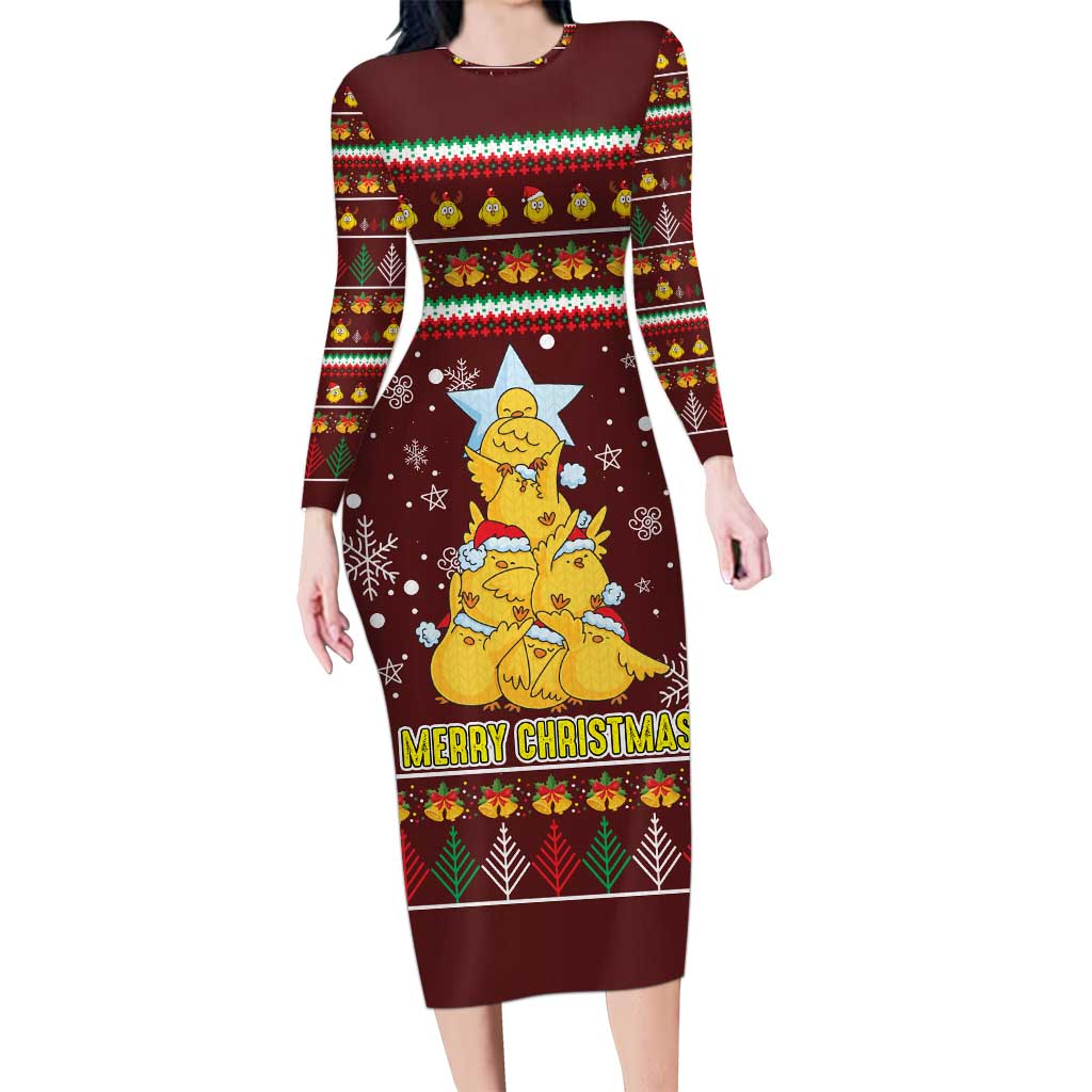 Merry Chickmas Christmas Long Sleeve Bodycon Dress with Yellow Chickens Tree Design and Snowflake Pattern - Wonder Print Shop