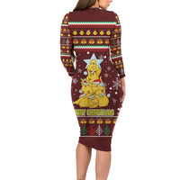 Merry Chickmas Christmas Long Sleeve Bodycon Dress with Yellow Chickens Tree Design and Snowflake Pattern - Wonder Print Shop