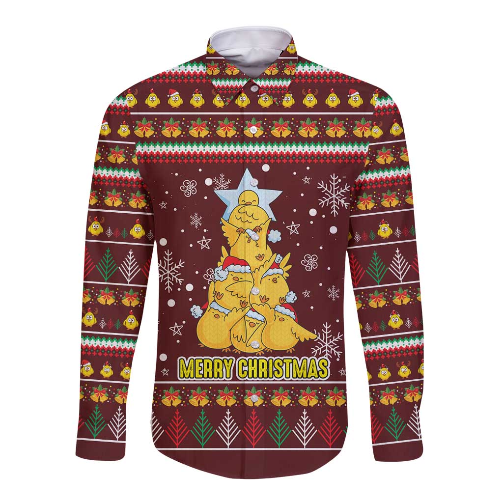 Merry Chickmas Christmas Long Sleeve Button Shirt with Yellow Chickens Tree Design and Snowflake Pattern - Wonder Print Shop