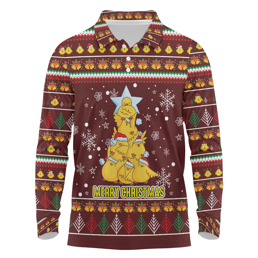 Merry Chickmas Christmas Long Sleeve Polo Shirt with Yellow Chickens Tree Design and Snowflake Pattern - Wonder Print Shop