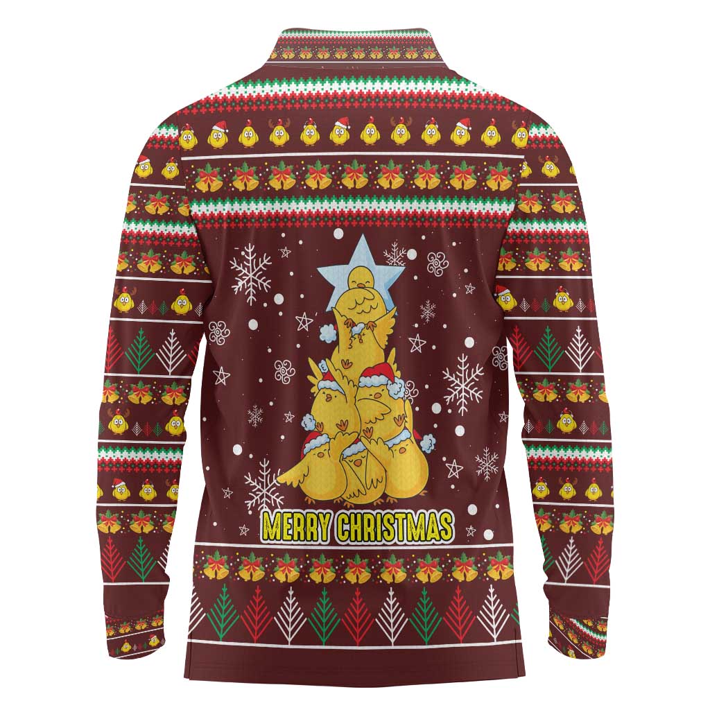 Merry Chickmas Christmas Long Sleeve Polo Shirt with Yellow Chickens Tree Design and Snowflake Pattern - Wonder Print Shop