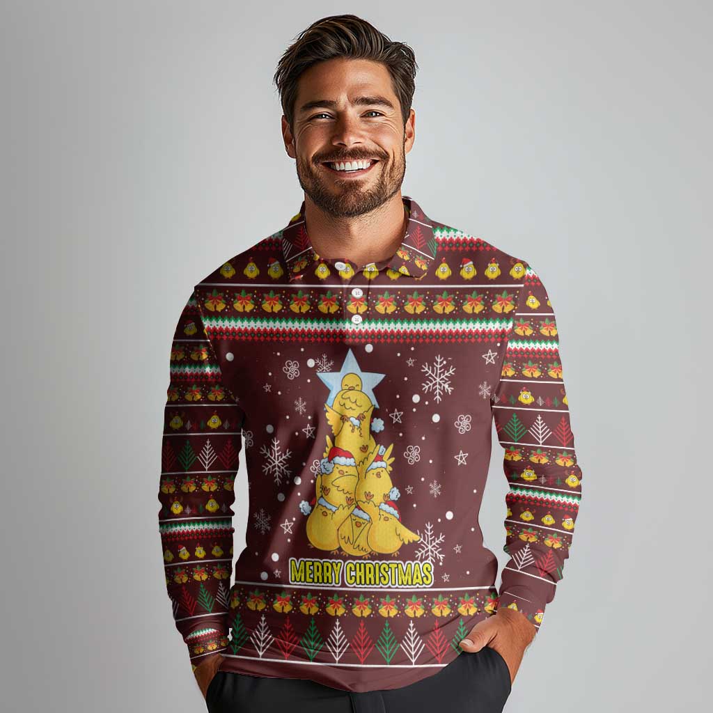 Merry Chickmas Christmas Long Sleeve Polo Shirt with Yellow Chickens Tree Design and Snowflake Pattern - Wonder Print Shop