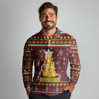 Merry Chickmas Christmas Long Sleeve Polo Shirt with Yellow Chickens Tree Design and Snowflake Pattern - Wonder Print Shop