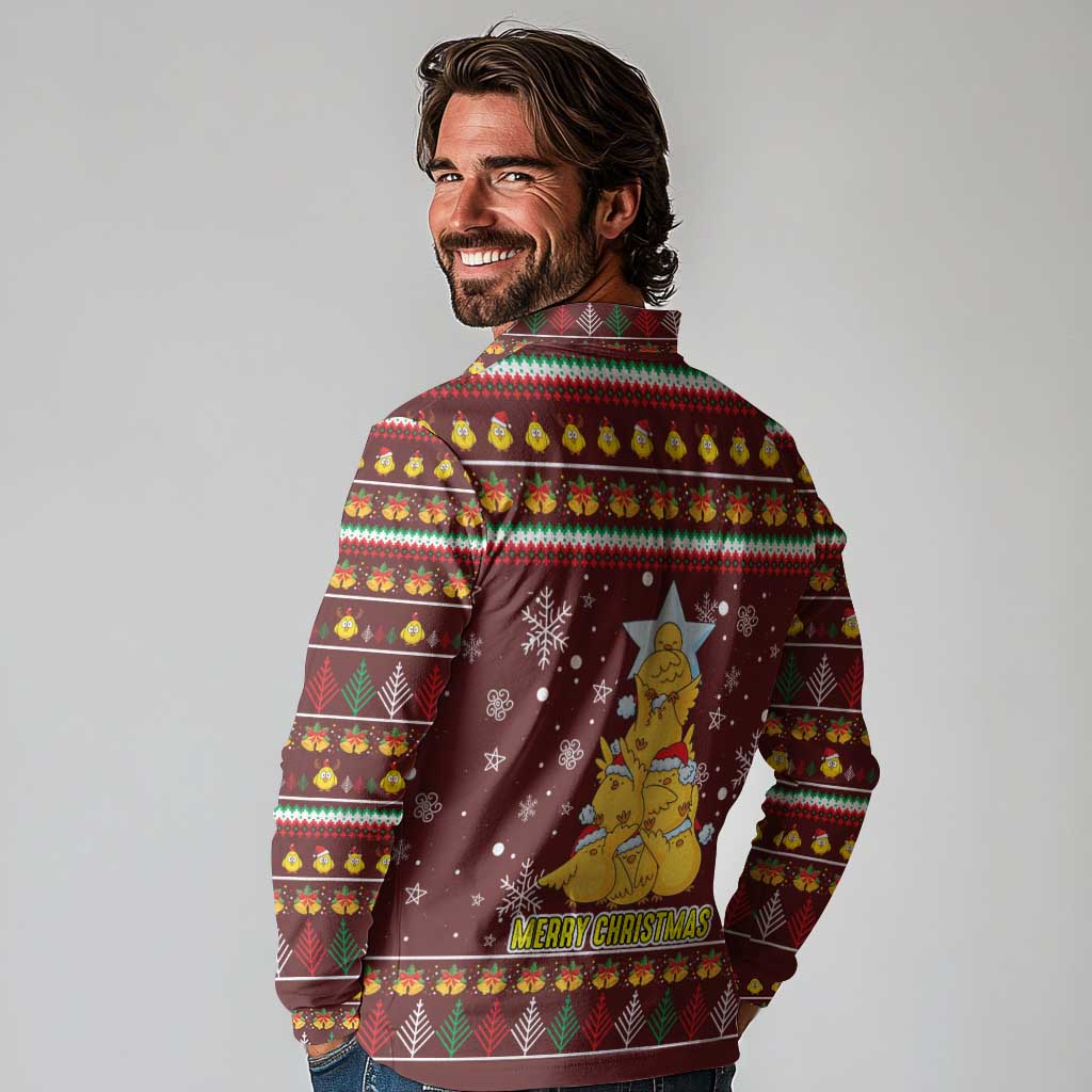 Merry Chickmas Christmas Long Sleeve Polo Shirt with Yellow Chickens Tree Design and Snowflake Pattern - Wonder Print Shop