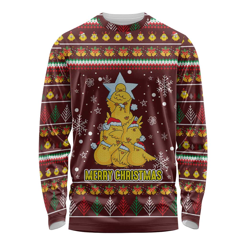 Merry Chickmas Christmas Long Sleeve Shirt with Yellow Chickens Tree Design and Snowflake Pattern - Wonder Print Shop