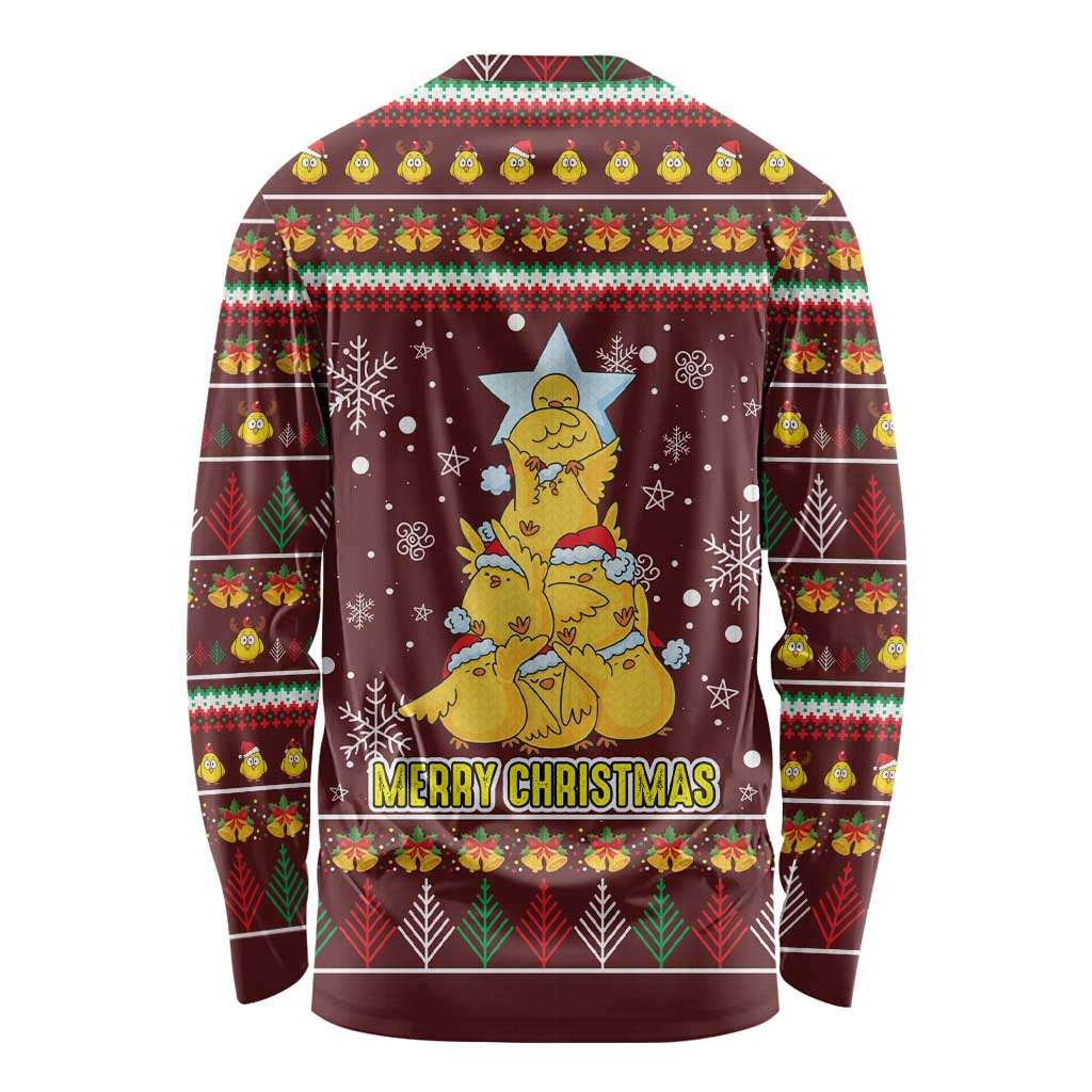 Merry Chickmas Christmas Long Sleeve Shirt with Yellow Chickens Tree Design and Snowflake Pattern - Wonder Print Shop
