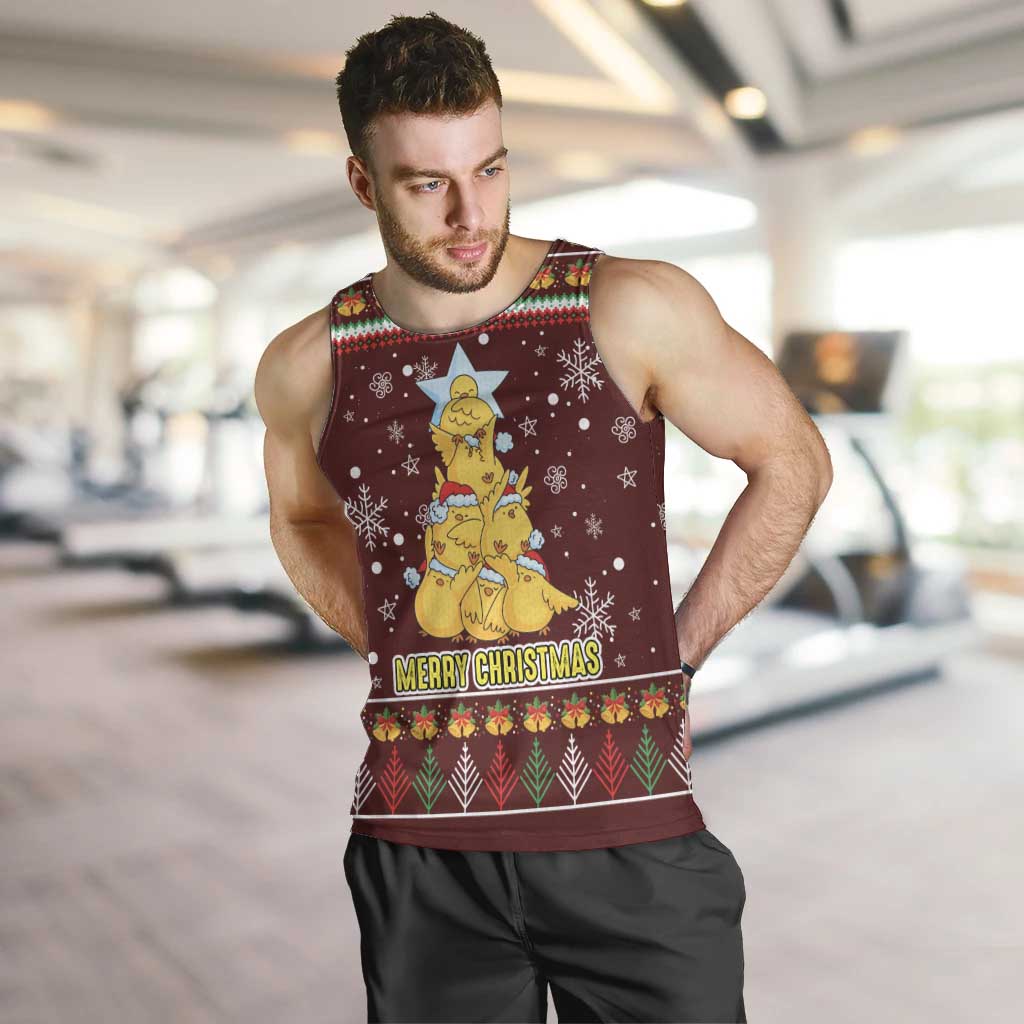 Merry Chickmas Christmas Men Tank Top with Yellow Chickens Tree Design and Snowflake Pattern - Wonder Print Shop
