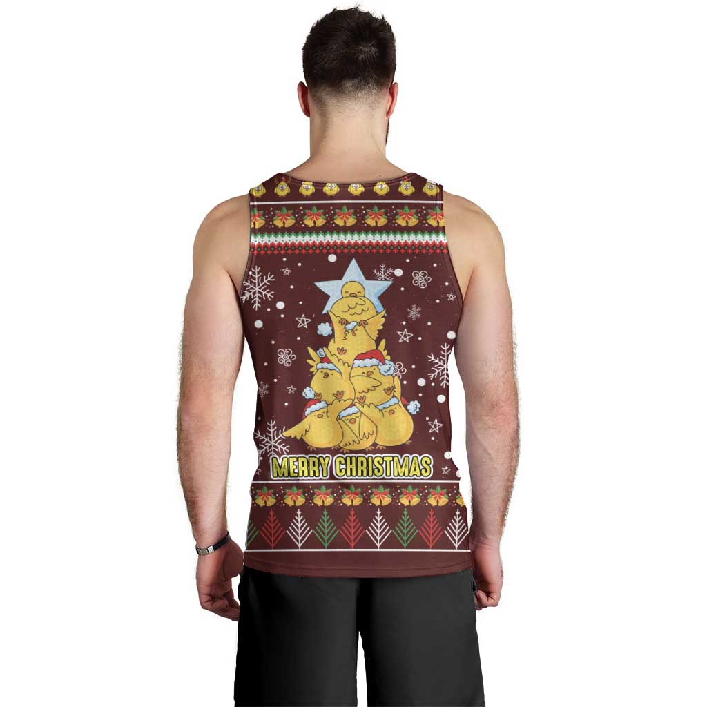 Merry Chickmas Christmas Men Tank Top with Yellow Chickens Tree Design and Snowflake Pattern - Wonder Print Shop