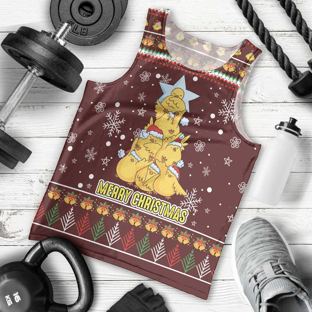 Merry Chickmas Christmas Men Tank Top with Yellow Chickens Tree Design and Snowflake Pattern - Wonder Print Shop