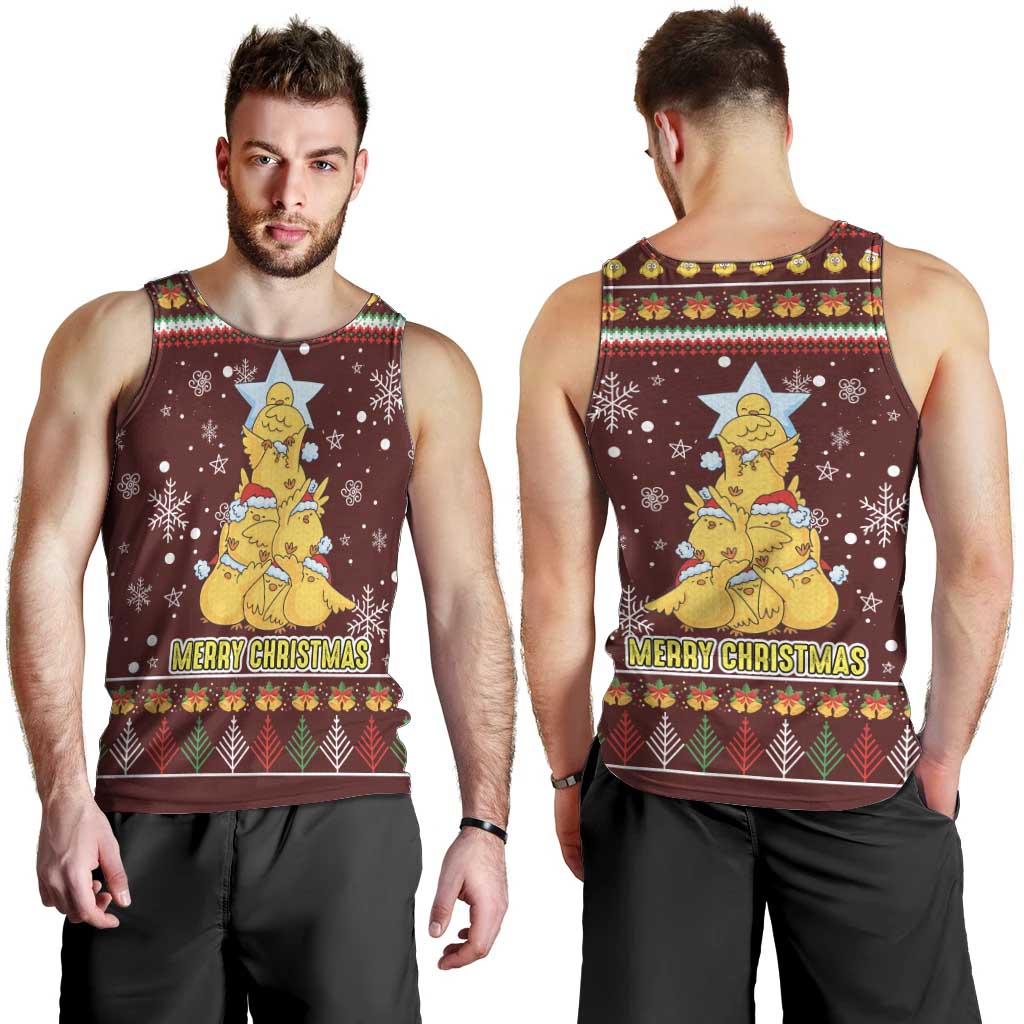 Merry Chickmas Christmas Men Tank Top with Yellow Chickens Tree Design and Snowflake Pattern - Wonder Print Shop