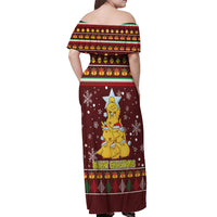 Merry Chickmas Christmas Off Shoulder Maxi Dress with Yellow Chickens Tree Design and Snowflake Pattern - Wonder Print Shop