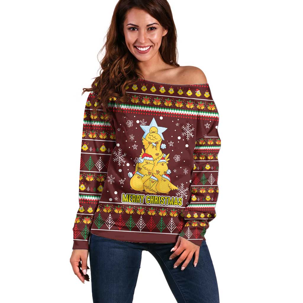 Merry Chickmas Christmas Off Shoulder Sweater with Yellow Chickens Tree Design and Snowflake Pattern - Wonder Print Shop