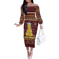 Merry Chickmas Christmas Off The Shoulder Long Sleeve Dress with Yellow Chickens Tree Design and Snowflake Pattern - Wonder Print Shop