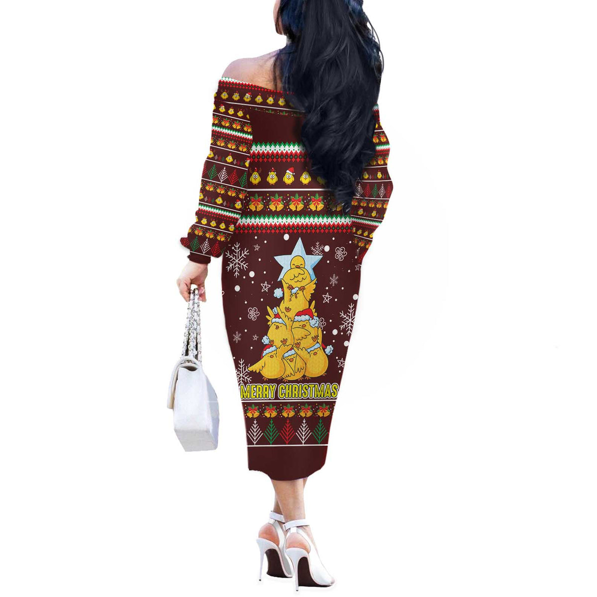 Merry Chickmas Christmas Off The Shoulder Long Sleeve Dress with Yellow Chickens Tree Design and Snowflake Pattern - Wonder Print Shop