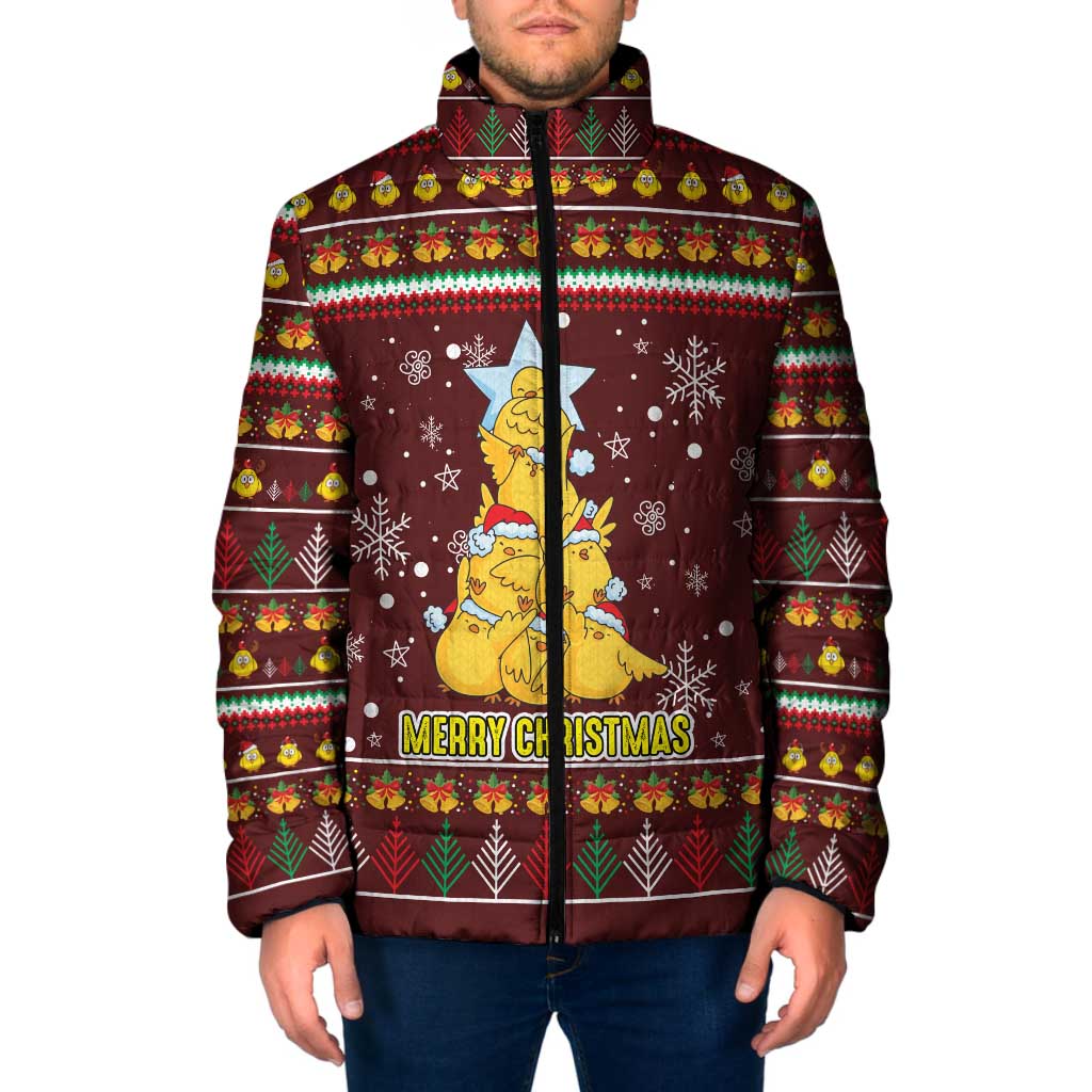 Merry Chickmas Christmas Padded Jacket with Yellow Chickens Tree Design and Snowflake Pattern - Wonder Print Shop