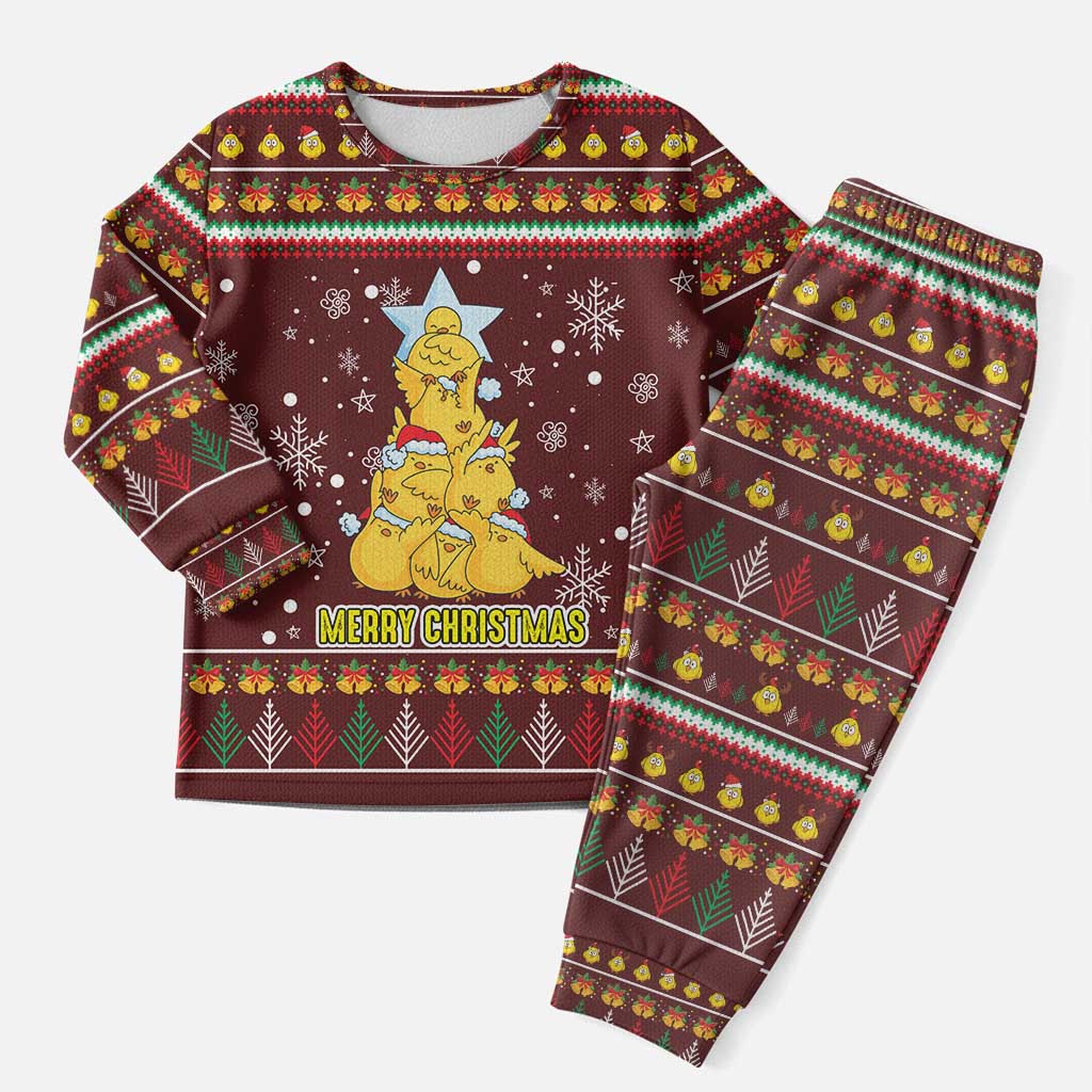 Merry Chickmas Christmas Pajama Set with Yellow Chickens Tree Design and Snowflake Pattern - Wonder Print Shop