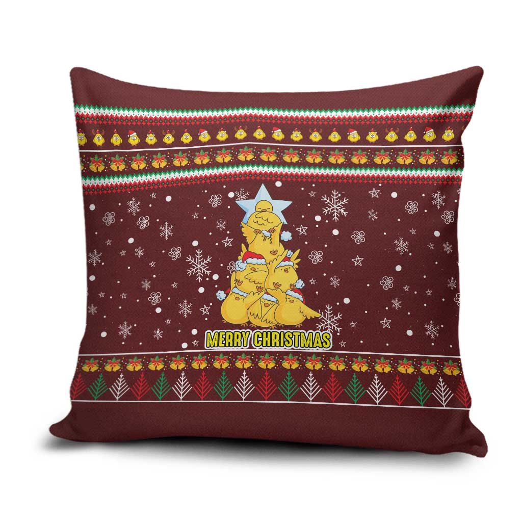 Merry Chickmas Christmas Pillow Cover with Yellow Chickens Tree Design and Snowflake Pattern - Wonder Print Shop