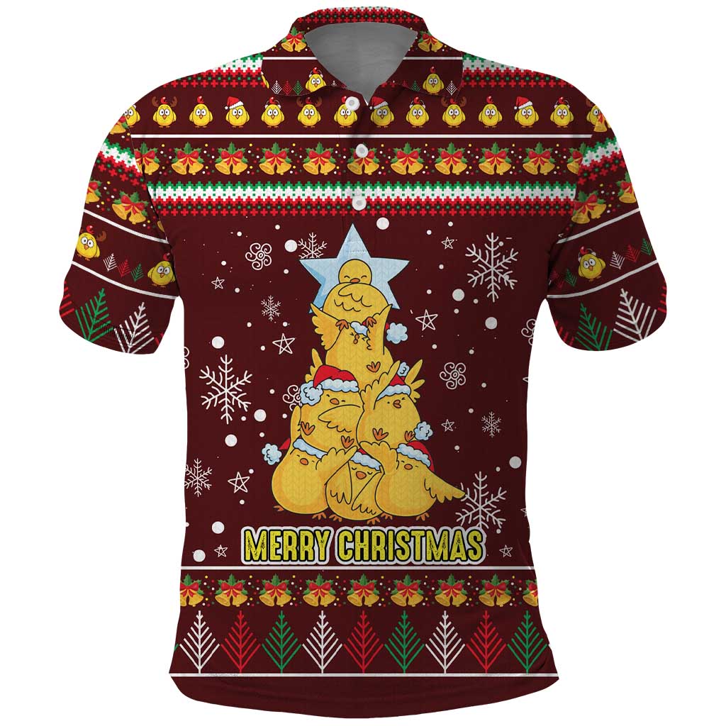 Merry Chickmas Christmas Polo Shirt with Yellow Chickens Tree Design and Snowflake Pattern - Wonder Print Shop