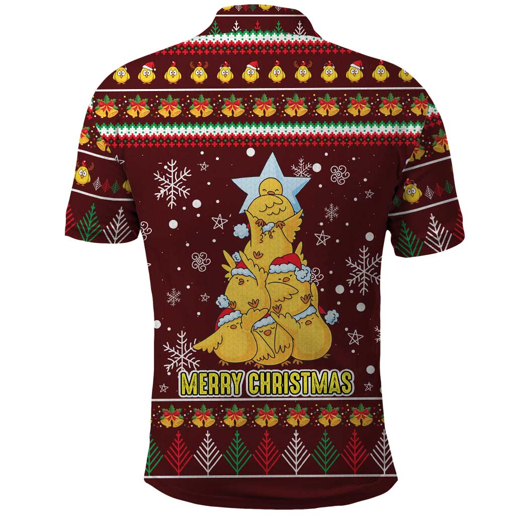 Merry Chickmas Christmas Polo Shirt with Yellow Chickens Tree Design and Snowflake Pattern - Wonder Print Shop