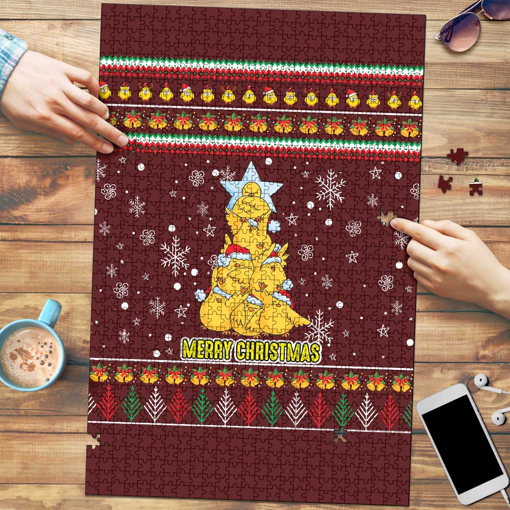 Merry Chickmas Christmas Puzzle with Yellow Chickens Tree Design and Snowflake Pattern - Wonder Print Shop