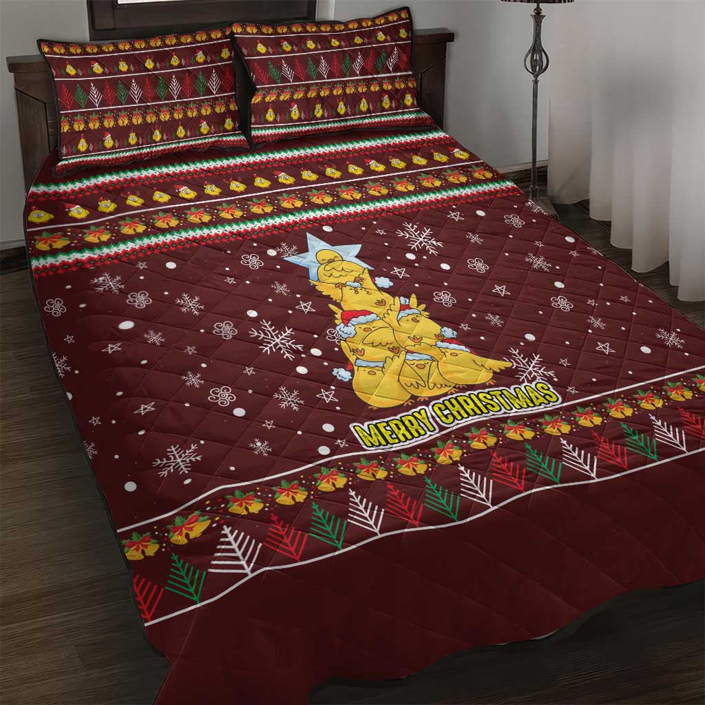 Merry Chickmas Christmas Quilt Bed Set with Yellow Chickens Tree Design and Snowflake Pattern - Wonder Print Shop