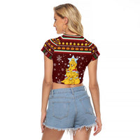 Merry Chickmas Christmas Raglan Cropped T Shirt with Yellow Chickens Tree Design and Snowflake Pattern - Wonder Print Shop