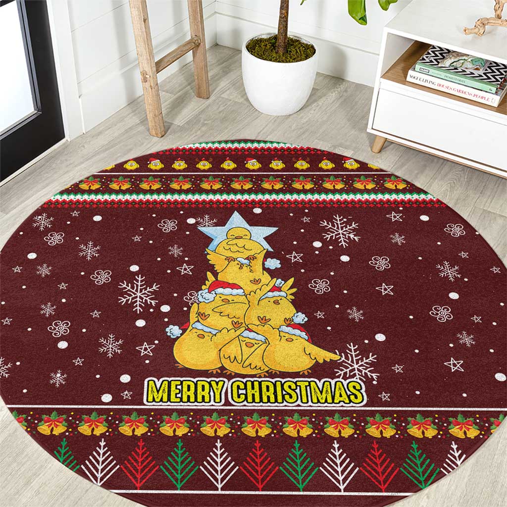 Merry Chickmas Christmas Round Carpet with Yellow Chickens Tree Design and Snowflake Pattern - Wonder Print Shop