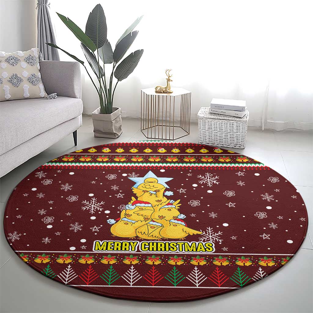 Merry Chickmas Christmas Round Carpet with Yellow Chickens Tree Design and Snowflake Pattern - Wonder Print Shop