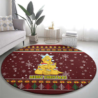 Merry Chickmas Christmas Round Carpet with Yellow Chickens Tree Design and Snowflake Pattern - Wonder Print Shop