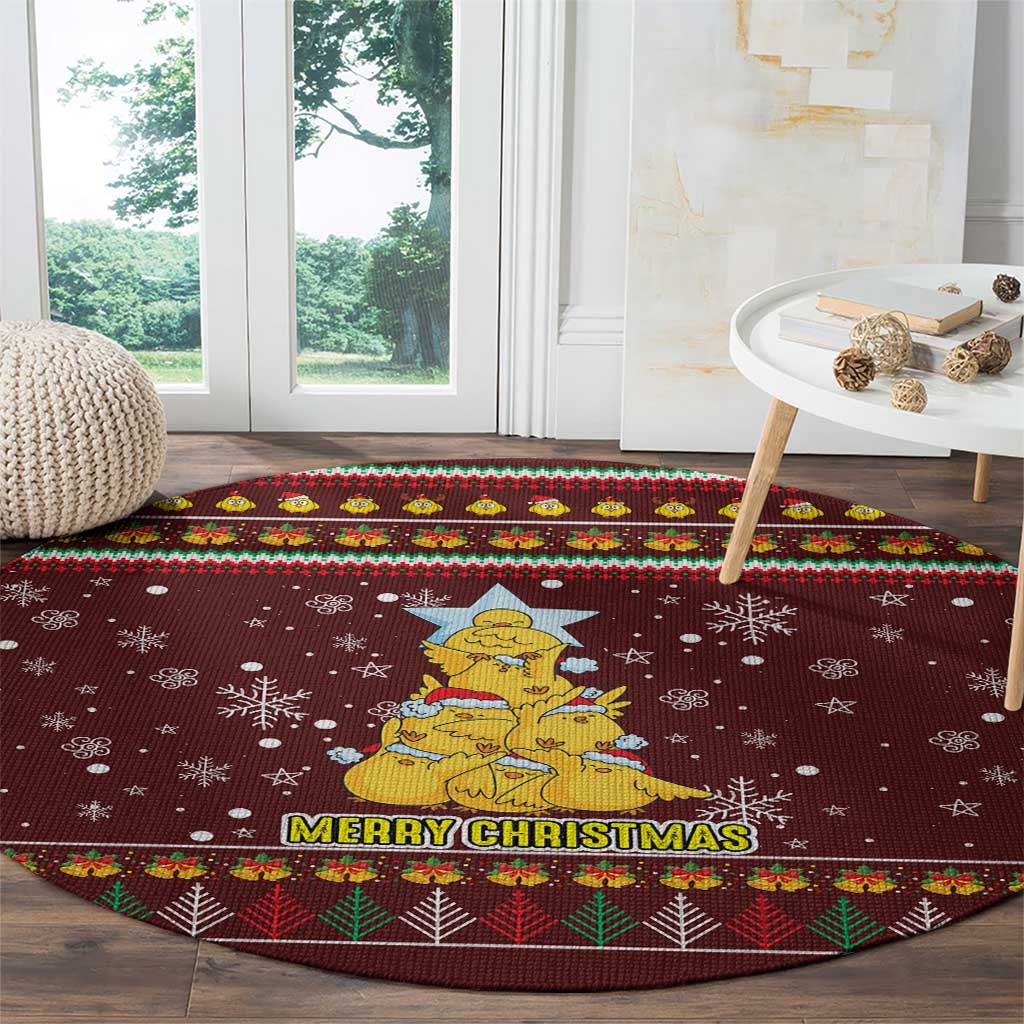 Merry Chickmas Christmas Round Carpet with Yellow Chickens Tree Design and Snowflake Pattern - Wonder Print Shop