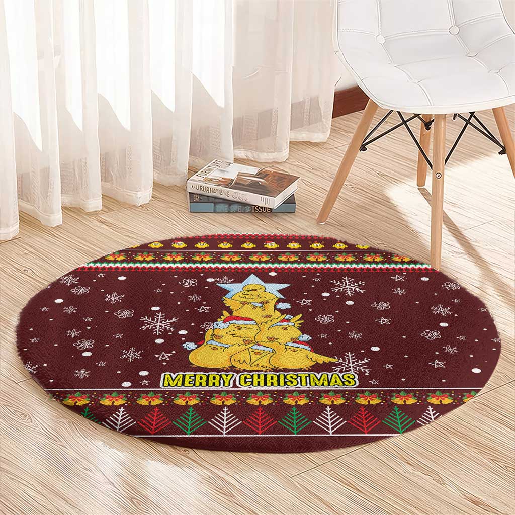 Merry Chickmas Christmas Round Carpet with Yellow Chickens Tree Design and Snowflake Pattern - Wonder Print Shop
