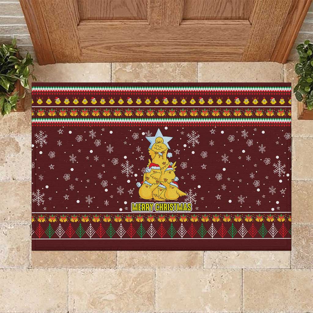 Merry Chickmas Christmas Rubber Doormat with Yellow Chickens Tree Design and Snowflake Pattern - Wonder Print Shop