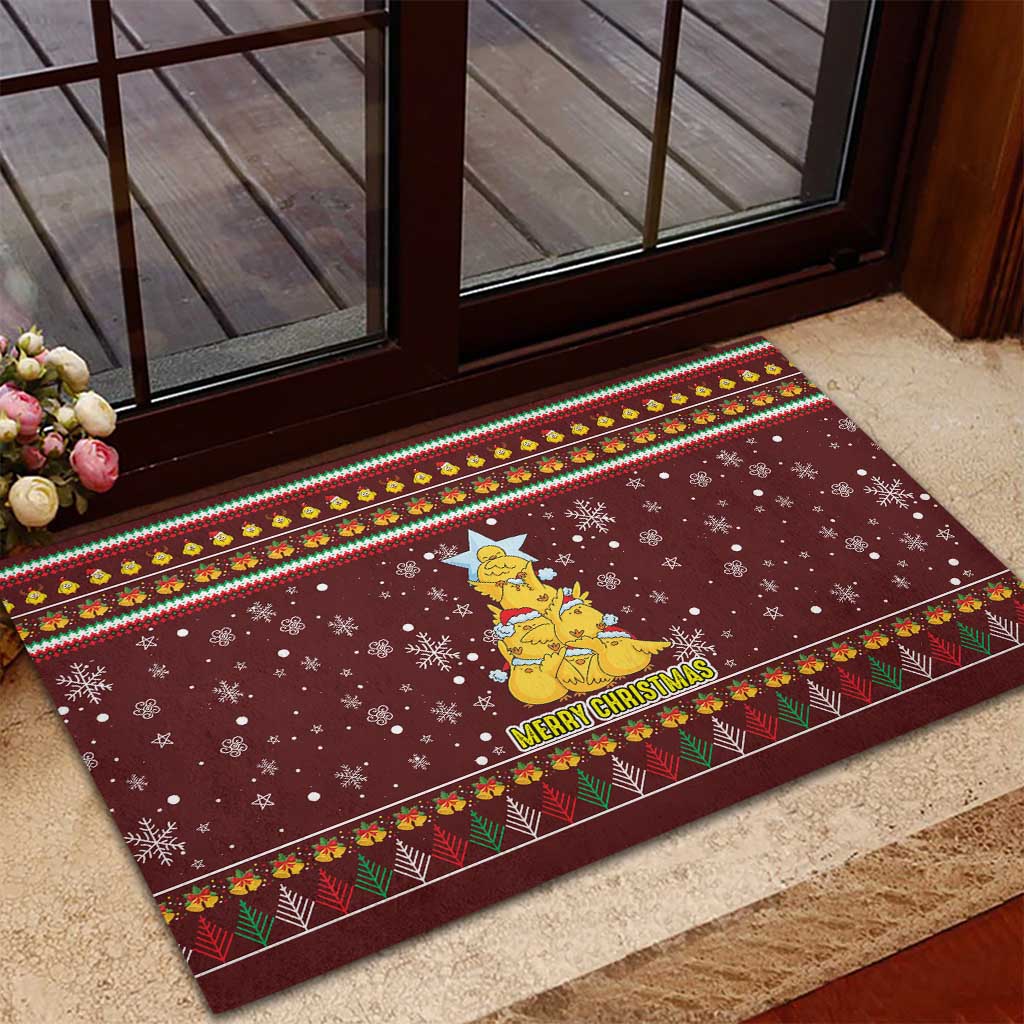 Merry Chickmas Christmas Rubber Doormat with Yellow Chickens Tree Design and Snowflake Pattern - Wonder Print Shop