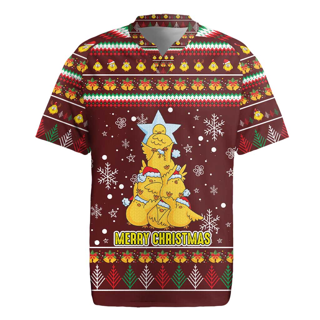 Merry Chickmas Christmas Rugby Jersey with Yellow Chickens Tree Design and Snowflake Pattern - Wonder Print Shop