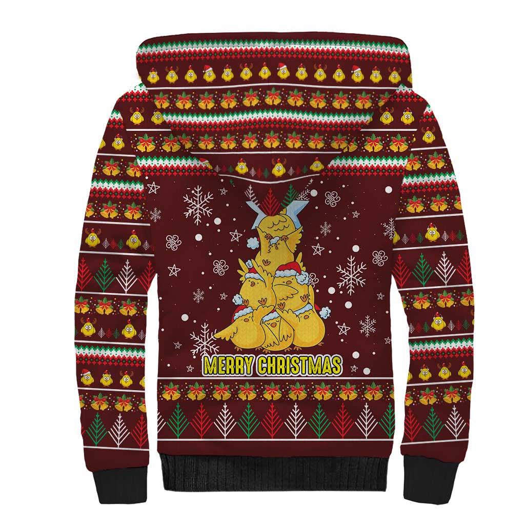 Merry Chickmas Christmas Sherpa Hoodie with Yellow Chickens Tree Design and Snowflake Pattern - Wonder Print Shop