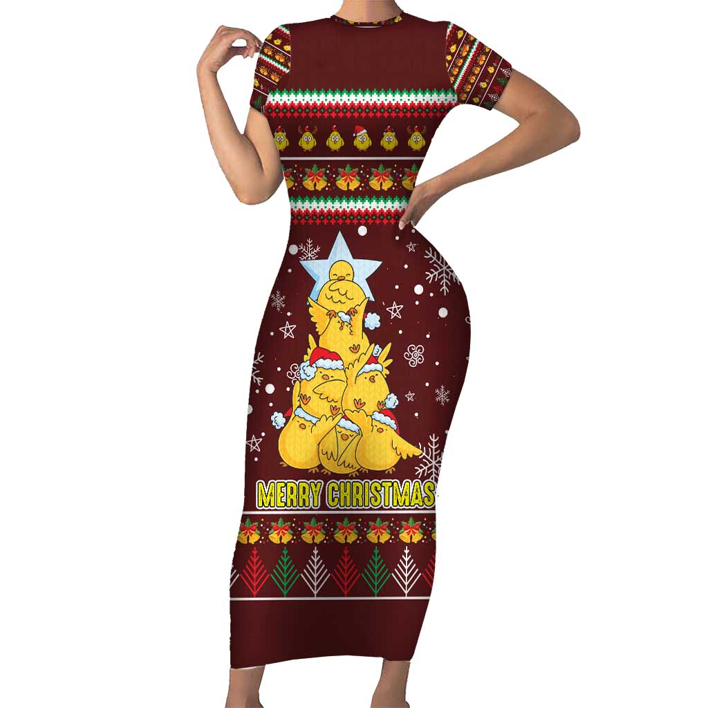 Merry Chickmas Christmas Short Sleeve Bodycon Dress with Yellow Chickens Tree Design and Snowflake Pattern - Wonder Print Shop