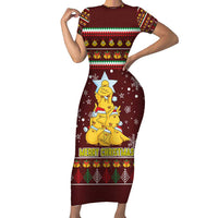 Merry Chickmas Christmas Short Sleeve Bodycon Dress with Yellow Chickens Tree Design and Snowflake Pattern - Wonder Print Shop