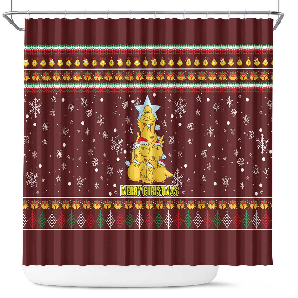 Merry Chickmas Christmas Shower Curtain with Yellow Chickens Tree Design and Snowflake Pattern - Wonder Print Shop